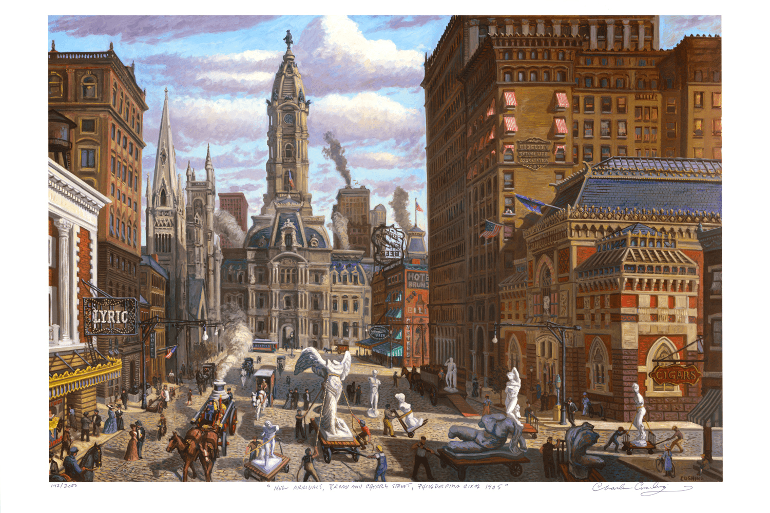 The Avenue of the Arts in Philadelphia at night, with theater marquees lit up.