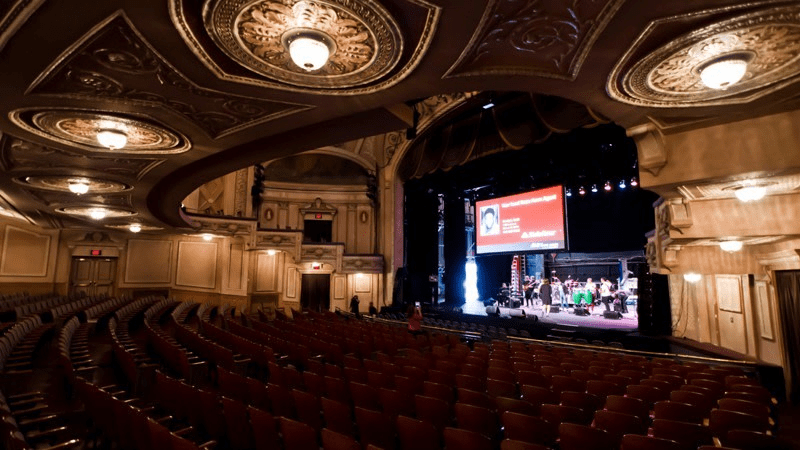 Interior view of the Miller Theater auditorium showing the stage and seating.